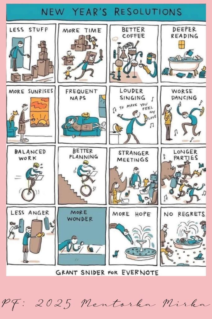 novoroční předsevzetí v angličtině. 
Less stuff, more time, better coffee, deeper reading, more sunrises, fequent naps, louder singing, worse dancing, balanced work, better planning, stranger meetings, longer parties, less anger, more wonder, more hope, no regrets